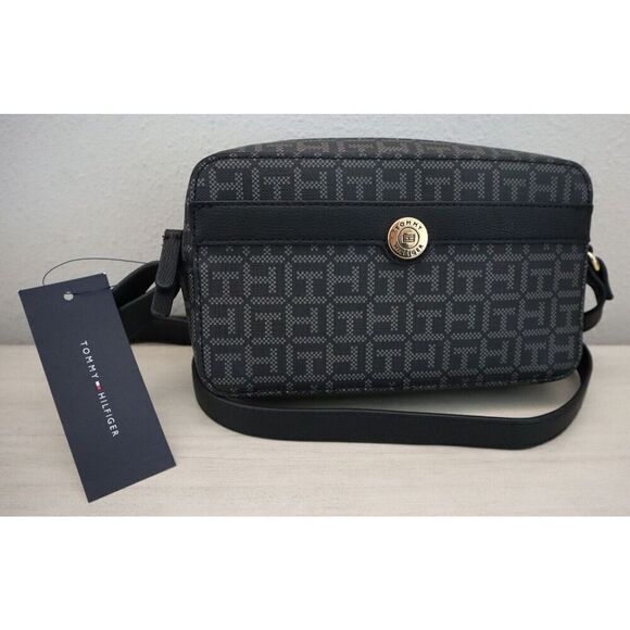Tommy Hilfiger 69JA558-002 Black Monogram Logo PU Leather Crossbody Purse Bag$98 - Picture 1 of 11